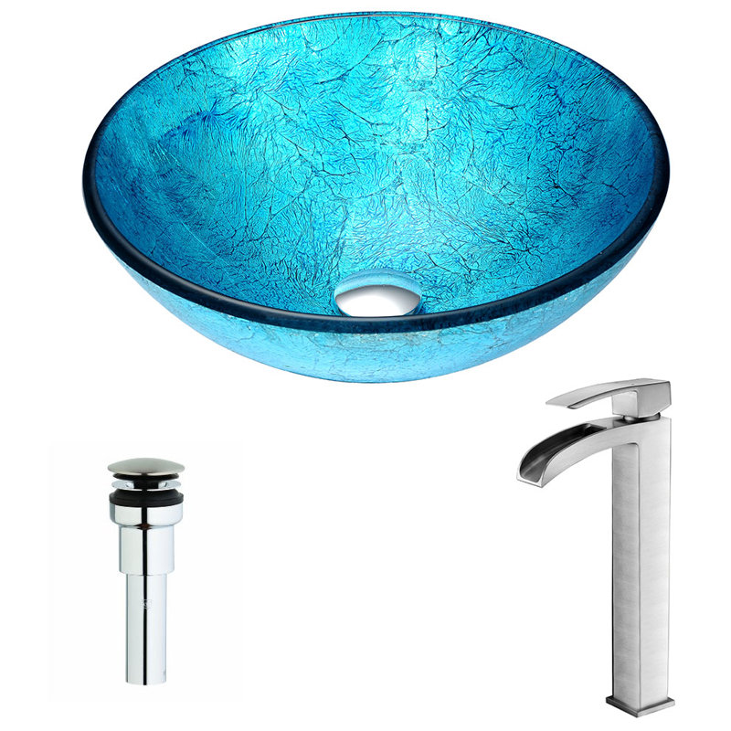 ANZZI Accent 16.5'' Blue Tempered Glass Circular Bathroom Sink with Faucet, Brushed Nickel