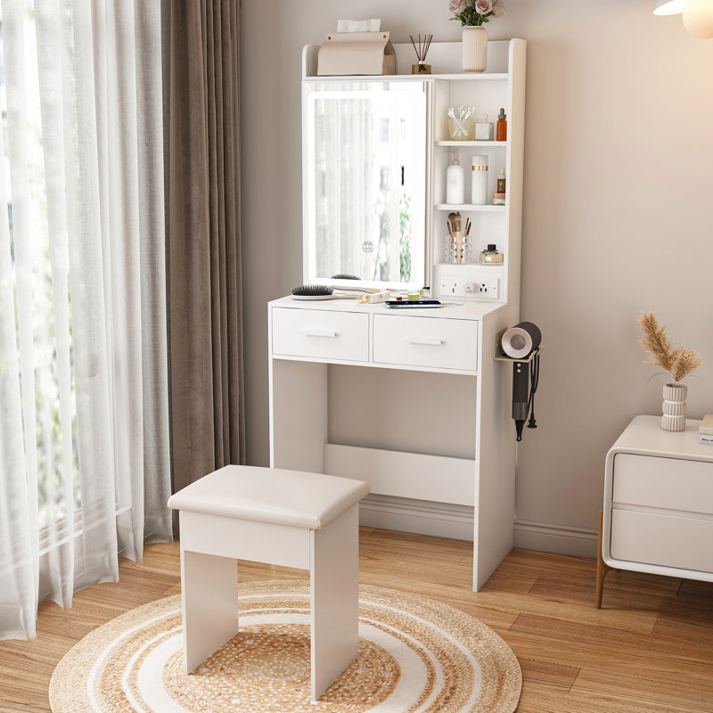 Meuble-lavabo blanc avec 3 lumières colorées réglables, 2 tiroirs coulissants, une prise de courant encastrée et un tabouret rembourré, idéal pour les chambres compactes et peu encombrantes