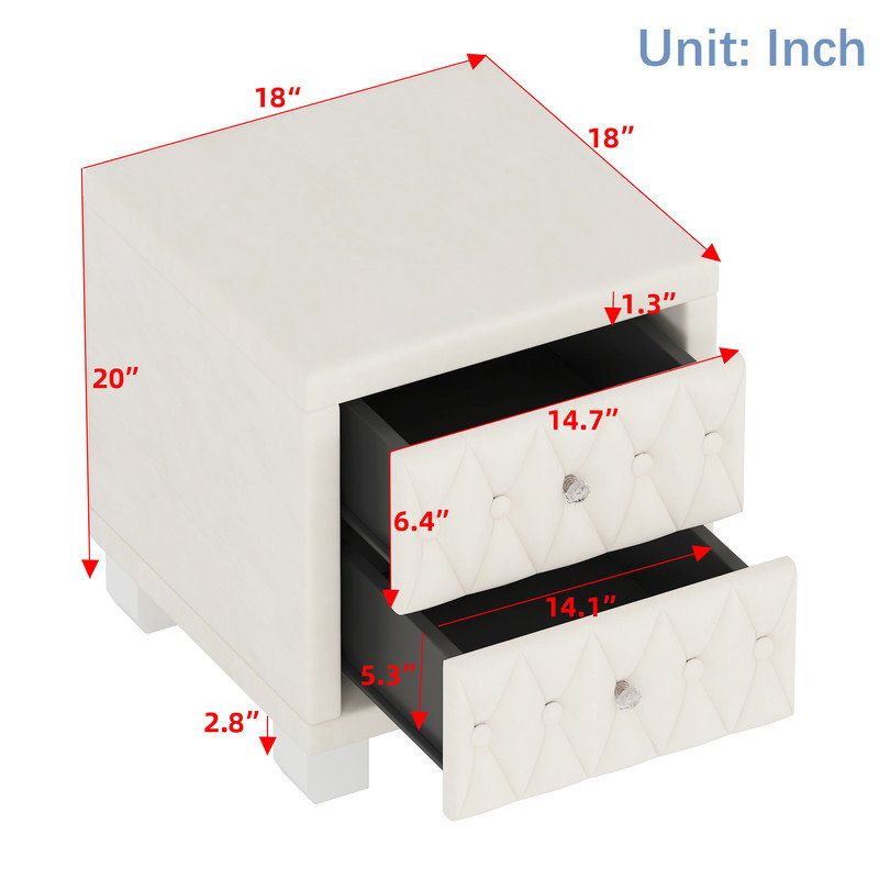 Tables de chevet, table de chevet étroite traditionnelle avec 2 tiroirs, Beige