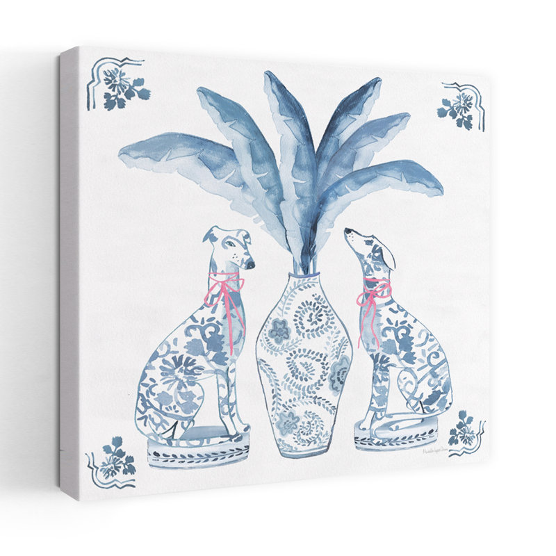 Chinoiserie Dogs I, art contemporain, H 18 po x l 18 po