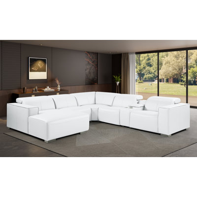 Canapé modulaire en L en cuir véritable 6 pièces WHITE avec 2 fauteuils inclinables électriques et appuis-tête réglables