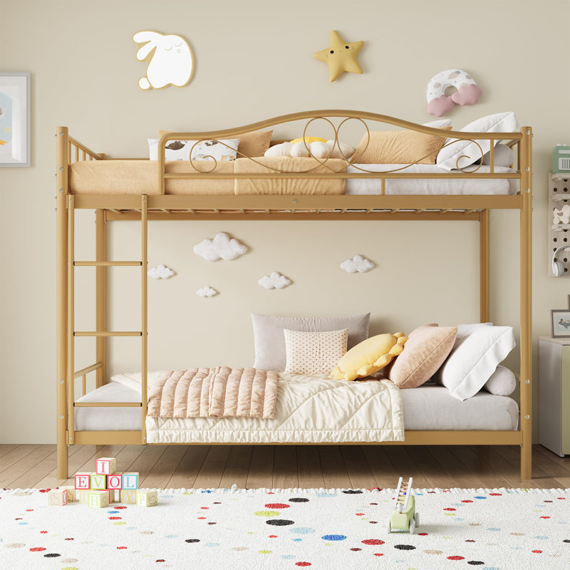 Twin Over Twin Metal Bunk Bed with Ladder & Full Guardrail, Heavy-Duty Frame 400 lbs Capacity, Space-Saving Design, Gold