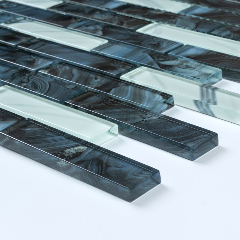 Carreau de mosaïque en verre à bord droit 1 po x 4 po Impressions, Bleu / blanc