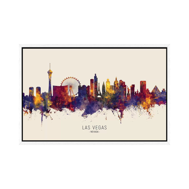 Las Vegas Nevada Skyline by Michael Tompsett - Print on Canvas, 45.72cm H x 66.04cm W x 3.81cm D, White Floater Framed