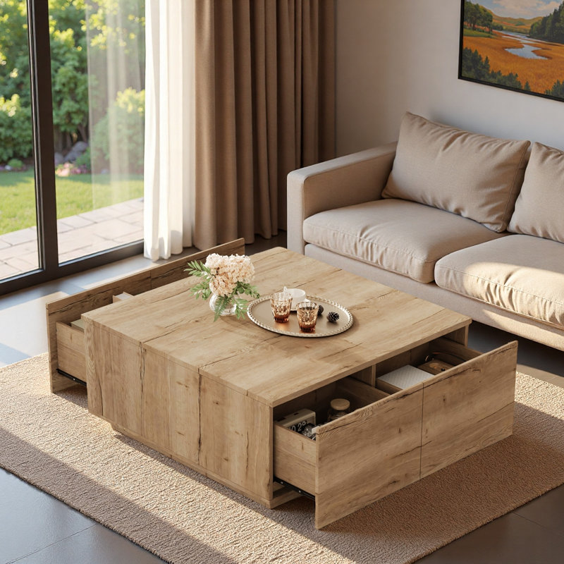 Table basse moderne carrée avec 4 tiroirs, Natural