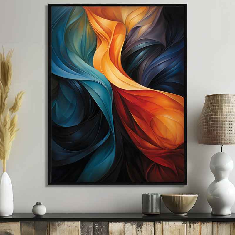 Décoration murale rétro bleu orange liquide - Vagues, H 44 po x l 34 po x P 1,5 po, Toile avec cadre flottant noir