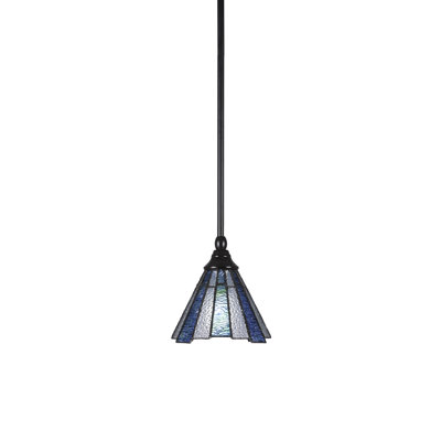 Stem Hung Mini Pendant Shown In Matte Black Finish With 7" Sea Ice Art Glass