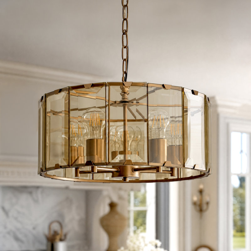 19" 5-Light Gold Cognac Flat Panel Glass Drum Chandelier