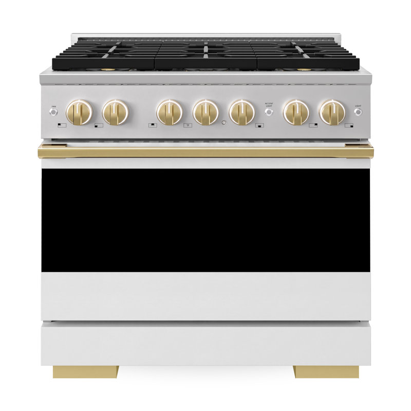 ZLINE Autograph 36 in. Black Stainless Marino Gas Range with 6 DuoPro Burners w/ Bronze Accents, White Matte, Polished Gold