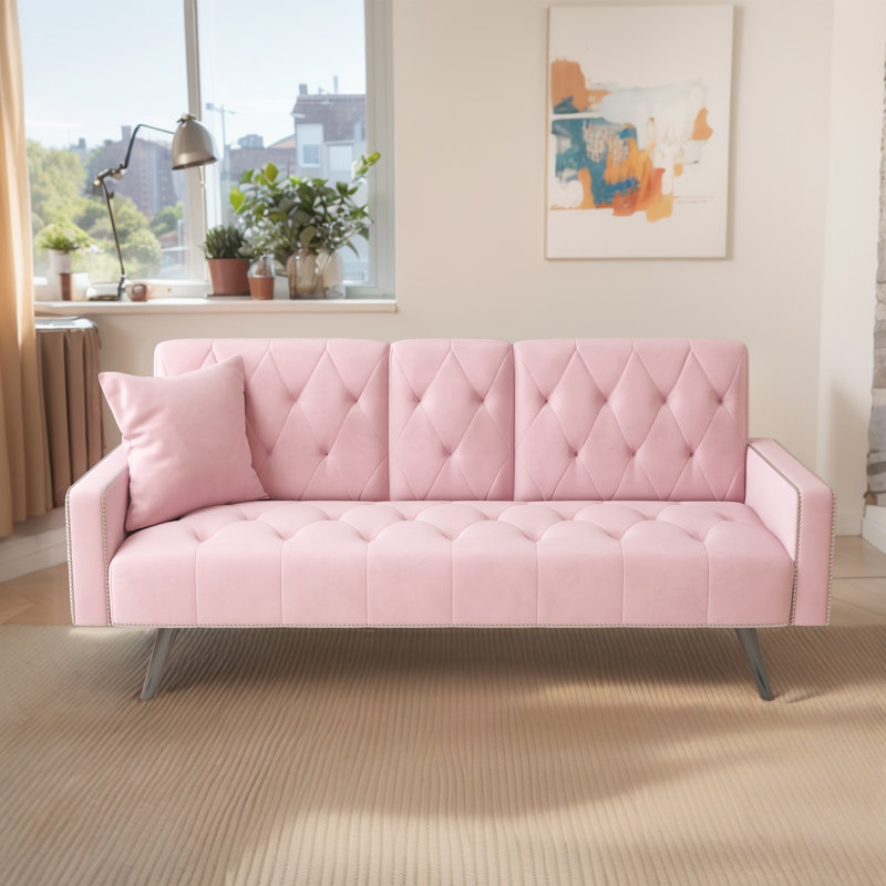 Sleeper Sofa With Cup Holder, Pink Velvet