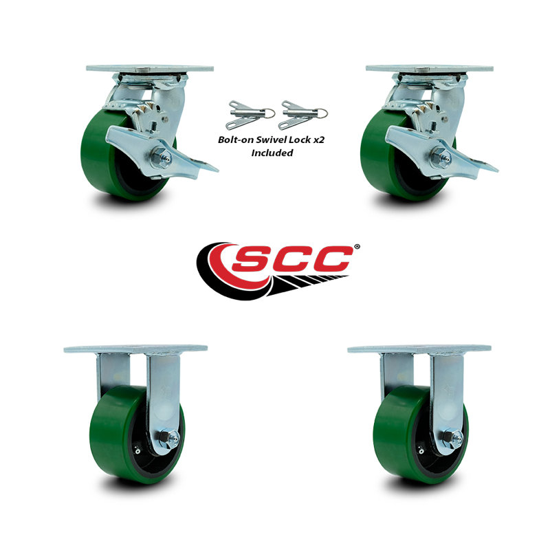 4 Inch Poly on Cast Iron Caster Set with 2 Brakes/Swivel Lock 2 Rigid SCC|SCC-30CS420-PUR-TLB-BSL-2-R-2, Vert