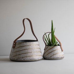 Soft Woven Leather Baskets Putty Set of Two