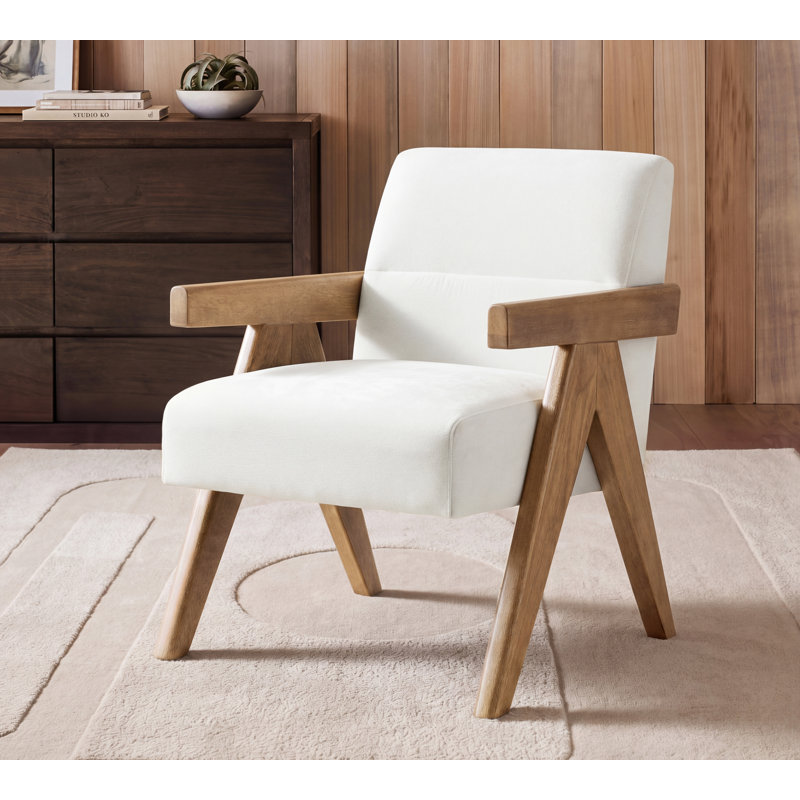 Donohoe Mid-Century Modern Accent Chair With Curved Wood Arms, Ivory