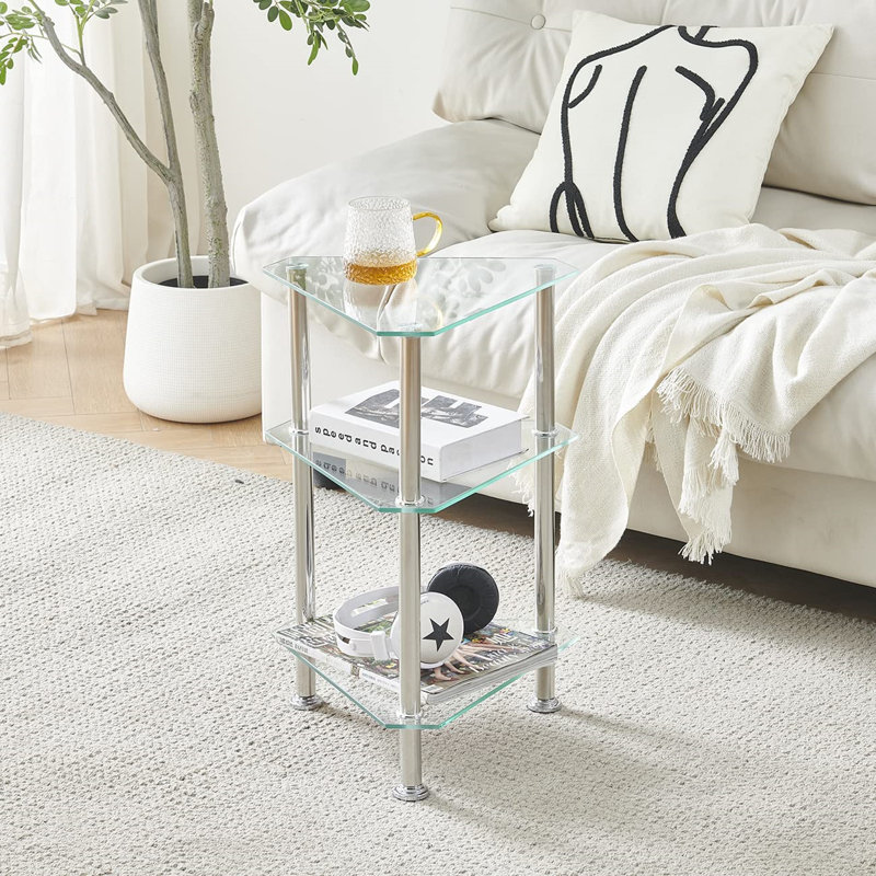 Glass Sofa Table Side Table Small With Storage Shelf, Living Room 2 Tiers Corner Coffee End Table Bedroom Little Nightstand Beside Table (3 Tiers Clear, Triangle)