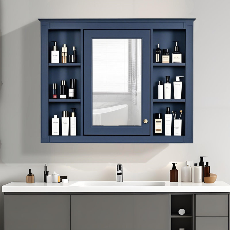 Elin 35 po L 27,5 po H Grande armoire à pharmacie rectangulaire à fixation en surface avec miroir, Bleu