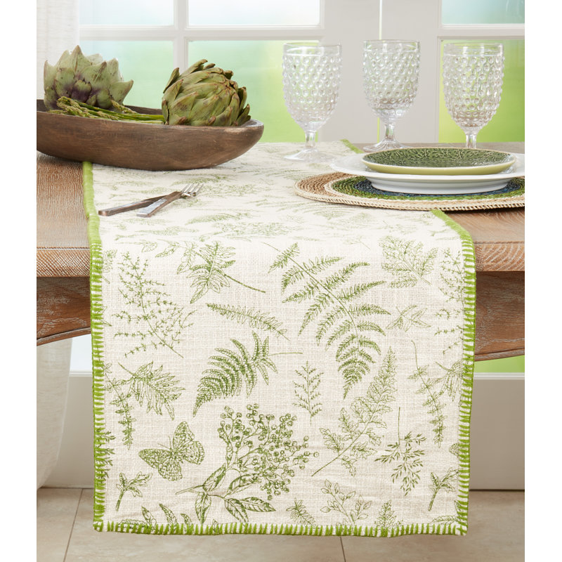 Green Cotton Leaf Whipstitch Table Runner, 16"x72"