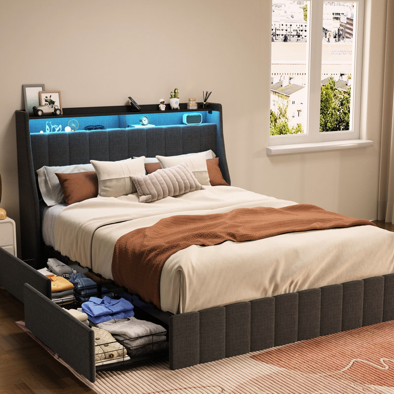 Grand lit avec DEL, 4 grands tiroirs, tissu respirant, cadre à DEL gris et espaces de rangement cachés