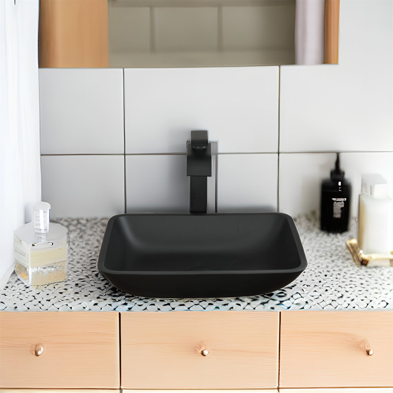 MONSFEST 12'' Glass Rectangular Bathroom Sink with Faucet, Matte Black