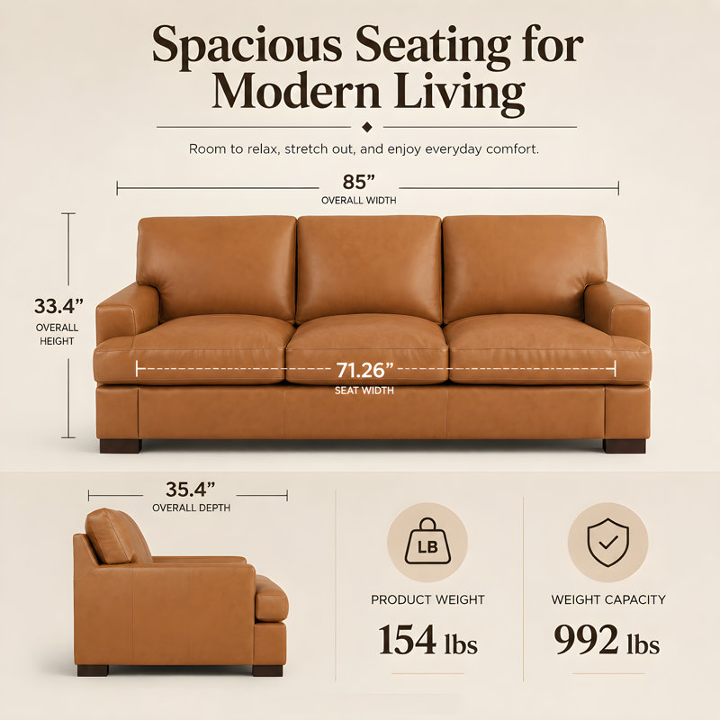 Oversized Genuine Leather Sofa, Deep Seated Couch with Plush Goose Feather Cushions, Square Arm Modern Sofa for Living Room & Lounge 