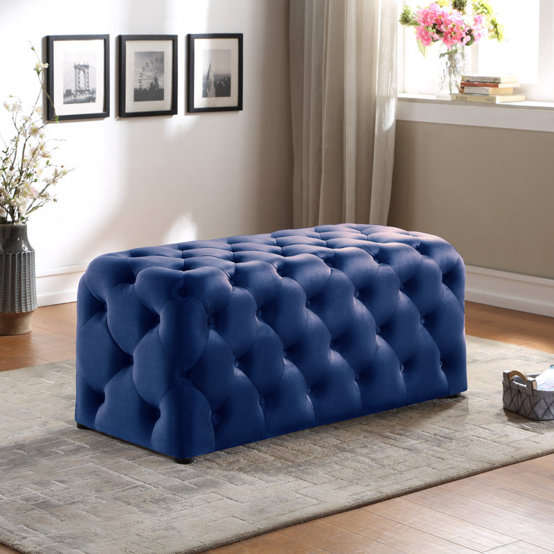 Repose-pieds capitonné rectangulaire à boutons 42 po Bouton, Bleu