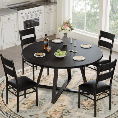 Space-Saving 5-Piece Round Dining Table Set for 4 – Thick Wooden Circle Top, 4 Upholstered Tall Chairs, Reinforced Metal Frame – Modern Industrial Style