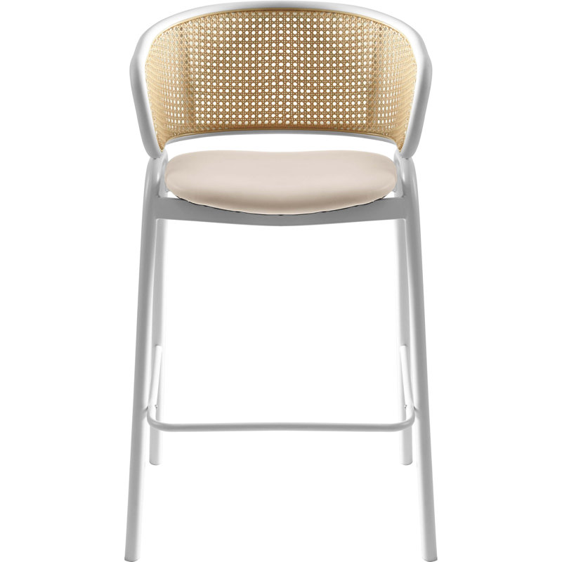 Tabouret de bar en cuir Daishun avec base en acier inoxydable thermolaqué blanc et dossier en osier incurvé, Blanc, 2