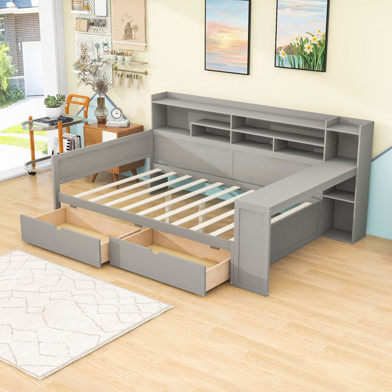 Wooden Daybed with Study Desk and Storage Shelves, Full/Double