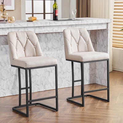 Upholstered Bar Stools Set of 2 with Sturdy Metal base and Button-Tufted Backrest