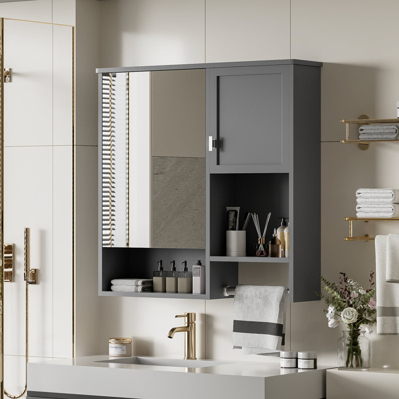 Pharmacie de salle de bain en bois l 29,5 po avec miroir, tablette ouverte et tablette tour (gris), Gris