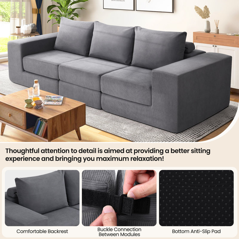 Canapé-lit modulaire convertible en velours côtelé Boneless, Gris