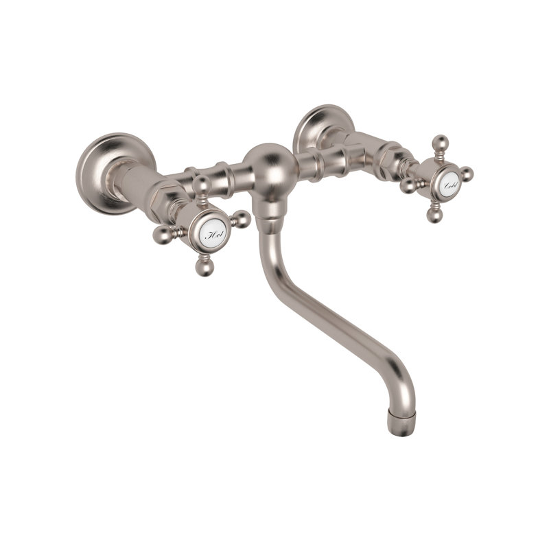 Acqui Wall Mount Bridge Lavatory Faucet, Satin Nickel, Cross Handle