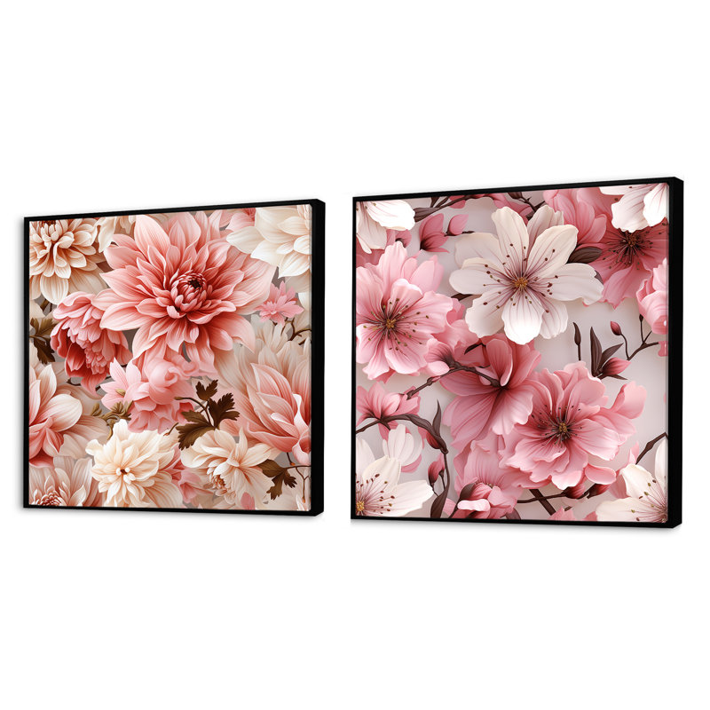 Ensemble de 2 collages carrés carrés floraux de tosha, Cadre flottant noir, H 16 po x l 33 po