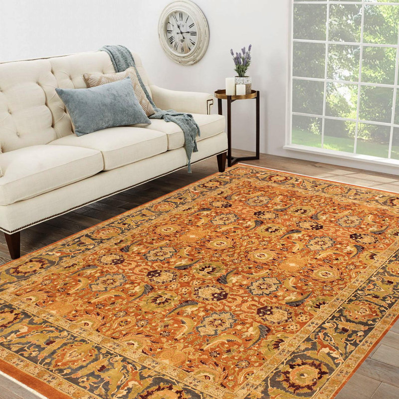 Tapis orange / gris en laine noué à la main 8 pi 2 po x 10 pi 3 po Roby