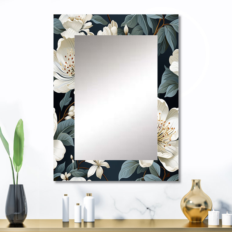 Delrita Grey And White Blossoms Orchid Lovely - Floral Decorative Mirror, Floral Large Wall Mirror, Printed Metal Art