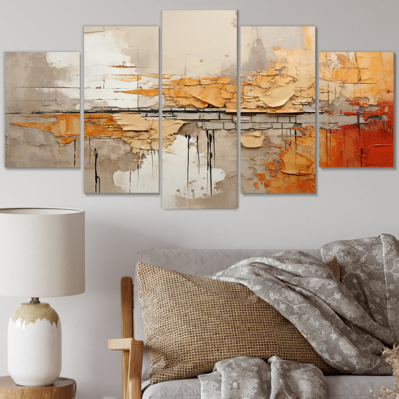 Orange Impressions I - impression sur toile Collages abstraits - 5 panneaux