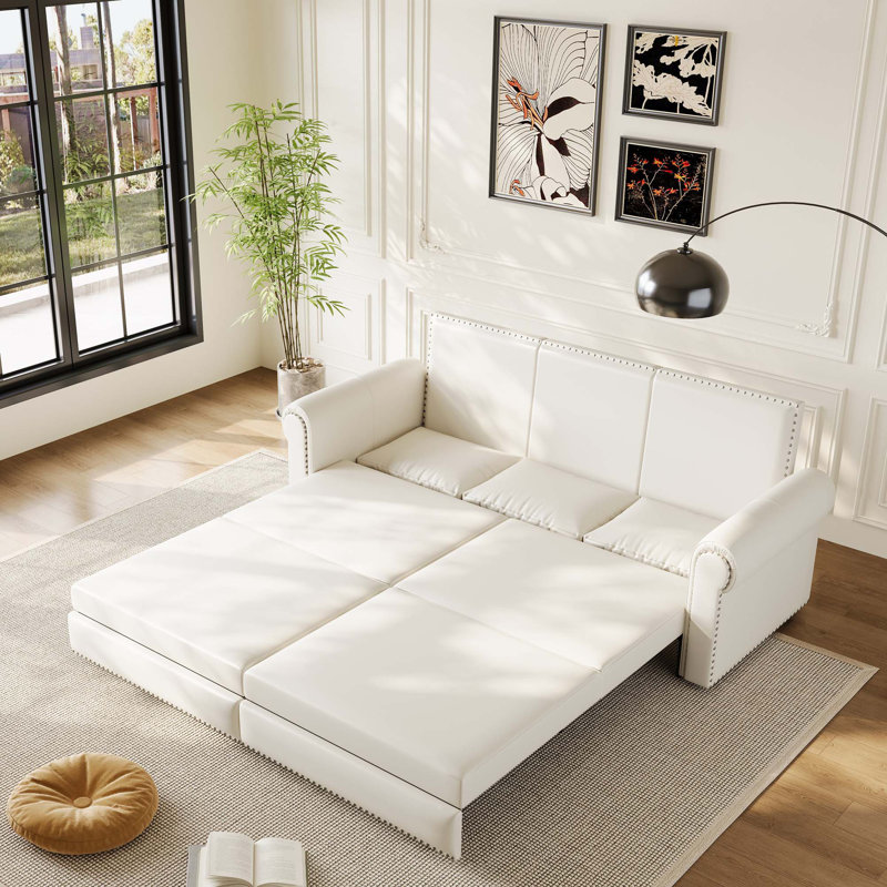 Classic 3-in-1 Convertible Sleeper Sofa with Faux Leather and Nailhead Trim