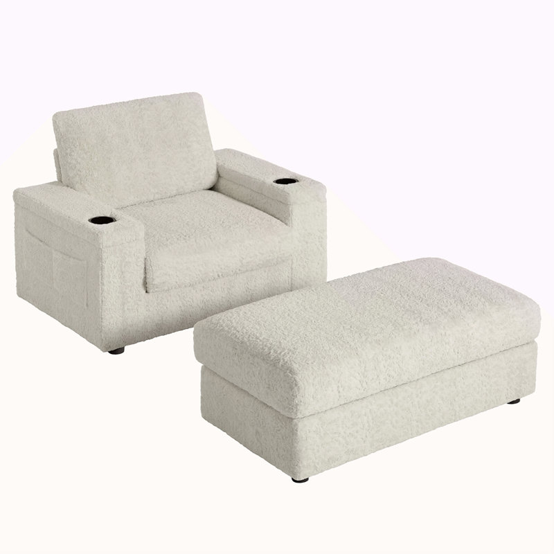 Canapé simple surdimensionné de 42 po, fauteuil en fausse fourrure de lapin avec porte-gobelets, méridienne rembourrée avec repose-pieds avec rangement et accoudoirs, canapé-lit avec siège profond pour le salon, appartement