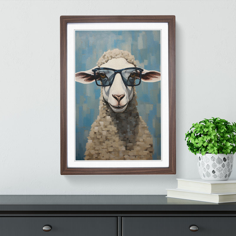 Sheep Modern - Single Picture Frame Print on Wood, 46cm H x 34cm W x 2cm D, Walnut