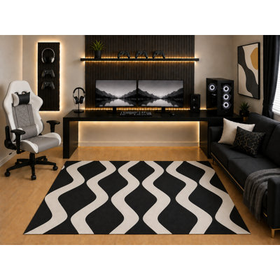 Tapis à boucles ondulé noir et blanc 5 pi x 7 pi «Ultra Léger» à motif géométrique moderne pour chambre à coucher, salon, envers en silicone antidérapant