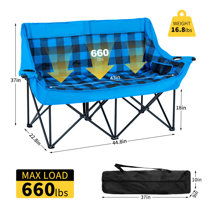 Oversized Heated Double Camping Chair, Folding, Adjustable Temperature, Carrying Bag, Blue Grid