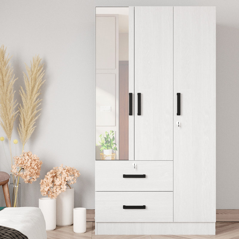  Armoire garde-robe avec miroir pratique sur l'une des portes et deux tiroirs, Blanc