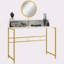 Bureau de maquillage moderne avec miroir, coiffeuse avec rangement ouvert, finition en faux marbre et structure en acier pour la chambre à coucher, blanc et doré