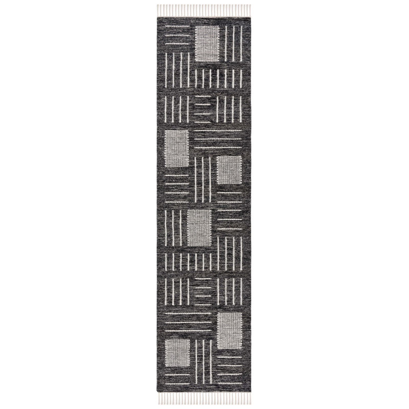 Flore Geometric Handmade Kilim Wool/Cotton Area Rug in Black/Ivory, Runner 2'3" x 9'