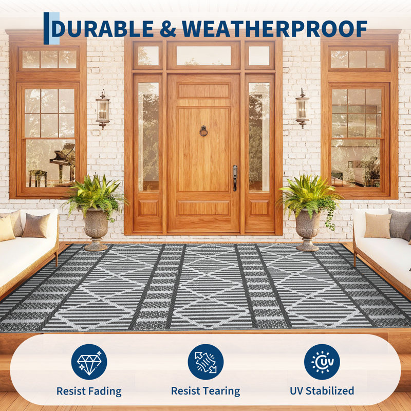 9x18 Ft Outdoor Rug 320GSM PP Woven Double Sided Same Pattern Waterproof Geometric Patio Mat for Backyard Deck Porch Camping Picnic Beach, Gray White