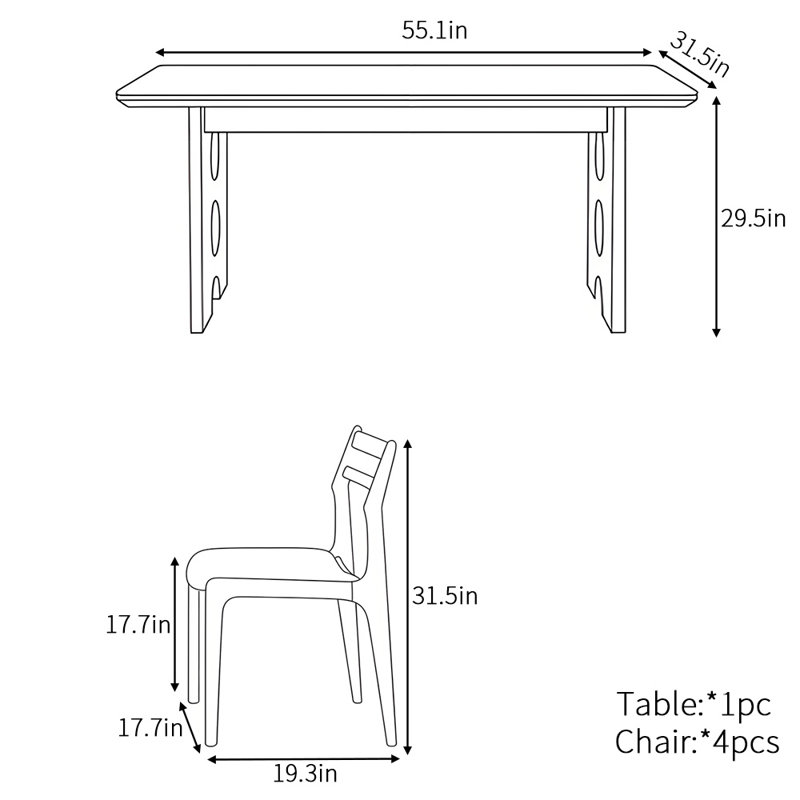 Simple retro rectangular dining table set, 29.5" H x 55.1" L x 31.5" W
