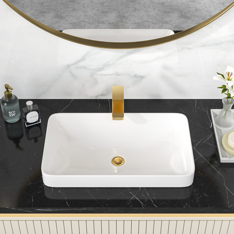 19" L x 12" W Semi-Recessed Vessel Sink Rectangular Above Counter Basin Drop-In Bathroom Sink, White