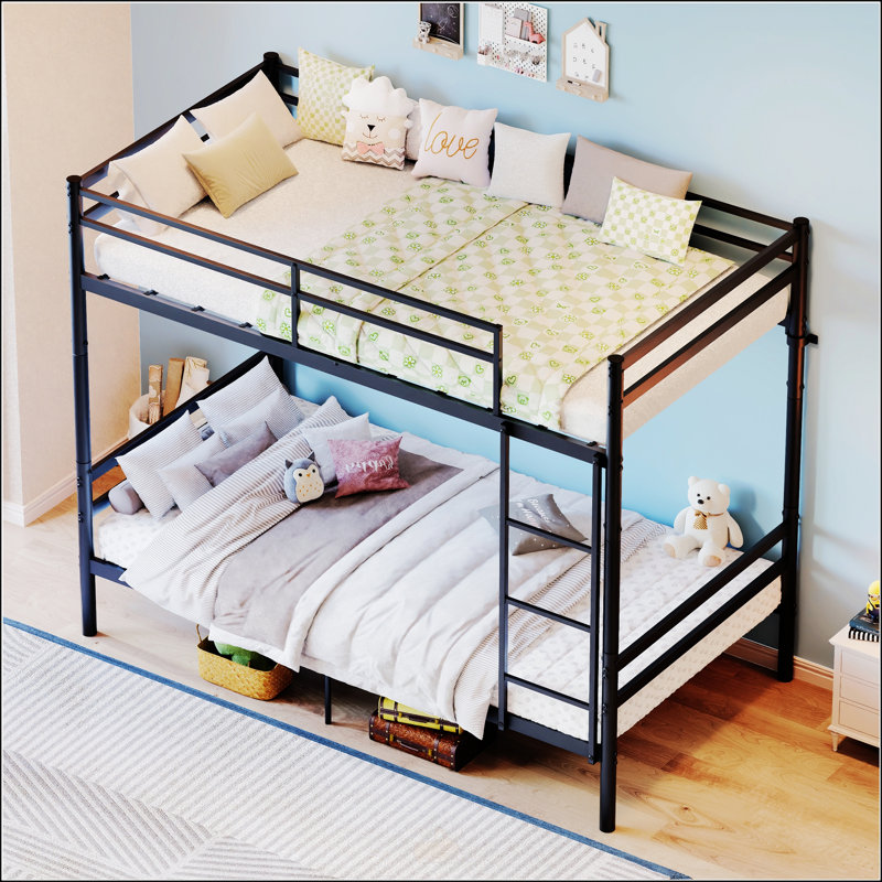 Lit superposé avec échelle et garde-corps haut, capable de se diviser, lit superposé en métal, espace de rangement, silencieux, taille simple sur simple, noir