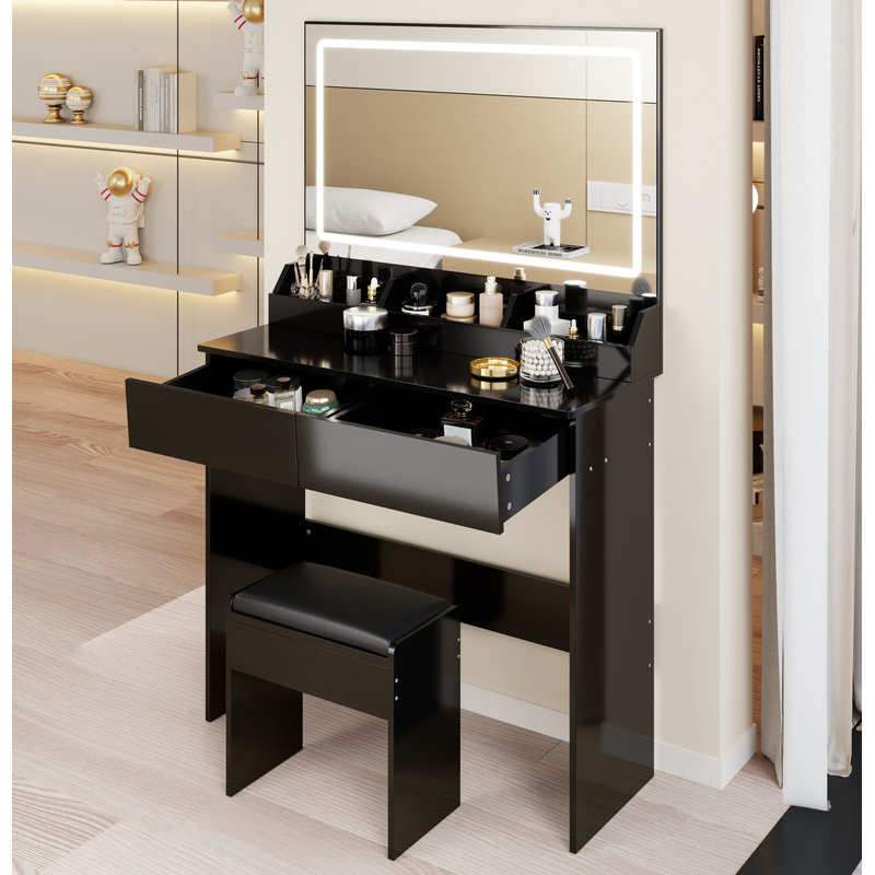 31" x 20" Extra Large LED Mirror Makeup Vanity Table + Soft Cushion Stool Suit, Touch Switch, 3 colours, Adjustable Brightness, Large Capacity Storage, Compact Dressing Table Suitable For Small Space
