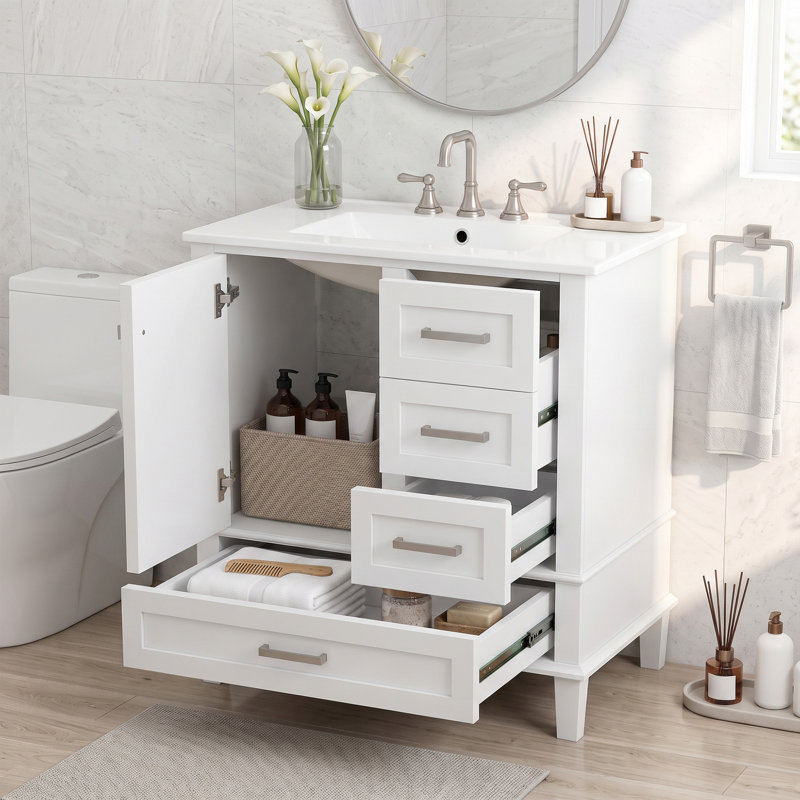 Meuble-lavabo moderne autoportant de 30 pouces avec lavabo simple en céramique intégrée, cadre en bois massif, porte à fermeture en douceur et 3 tiroirs.
