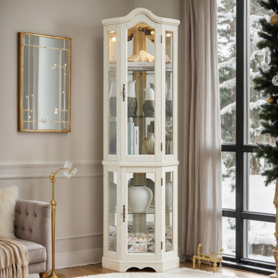 70.5" Arched Corner Curio Cabinet, Wooden China Cabinet with Adjustable Glass Shelves, Lighted Glass Display Cabinet Include Light Bulb, Rack for Living Room, Kitchen